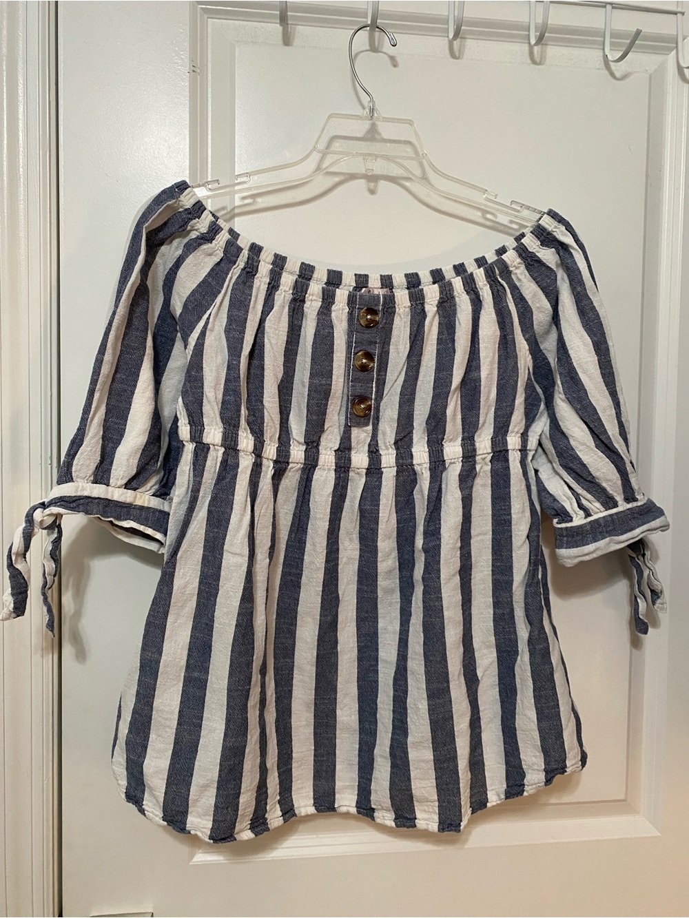 Off-Shoulder Navy and White Striped Peasant Blouse